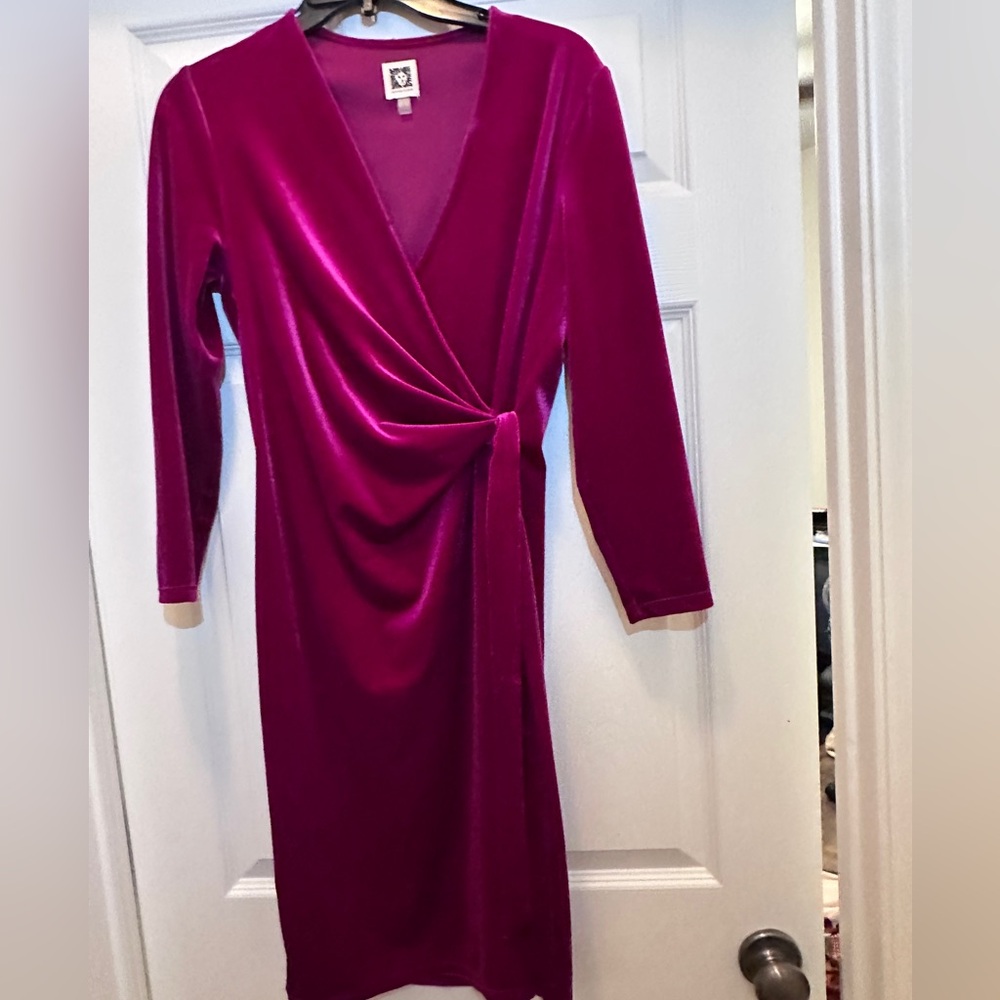 Anne Klein fuschia wrap, velvet, above knee, long sleeve dress only worn once